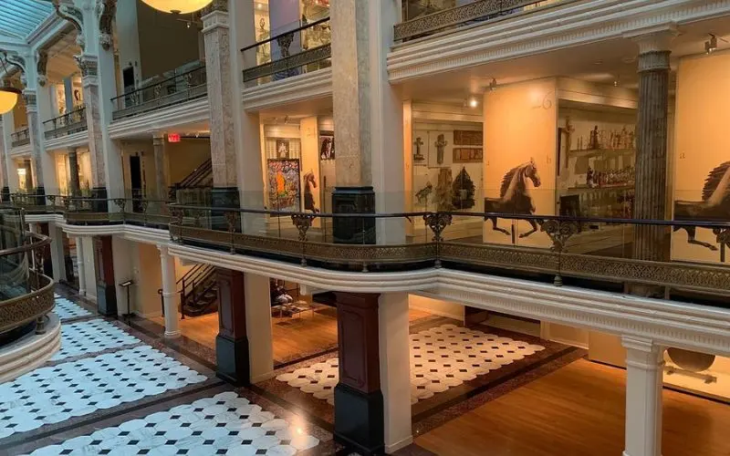 The interior of the National Portrait Gallery with exhibits on display.
