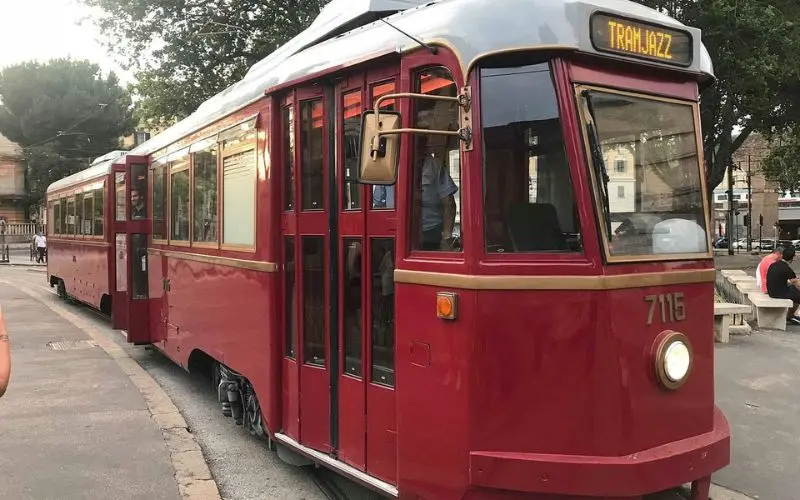 TramJazz in Rome, Italy with vintage red tram.
