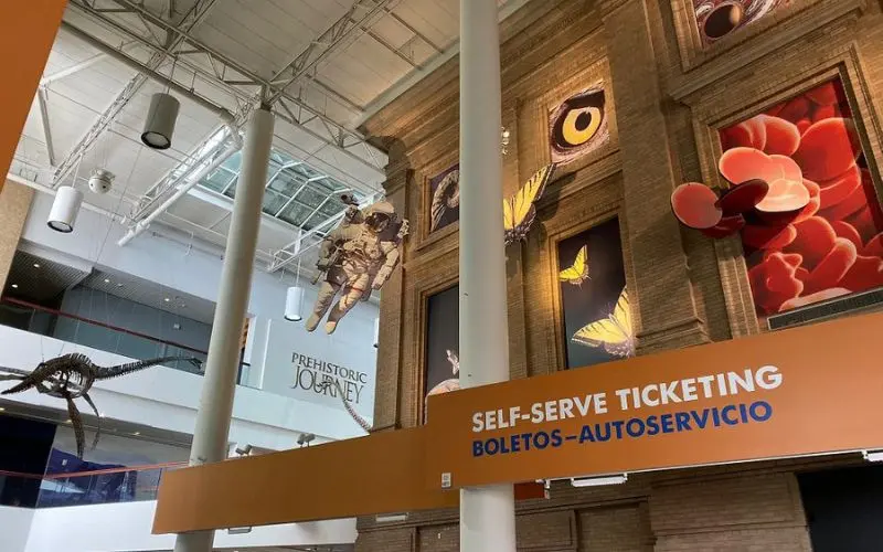 Exhibits and large models hang inside the Denver Museum of Nature & Science.