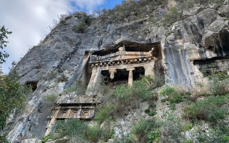 Ancient Lycian rock tombs carved into cliffs in Fethiye.