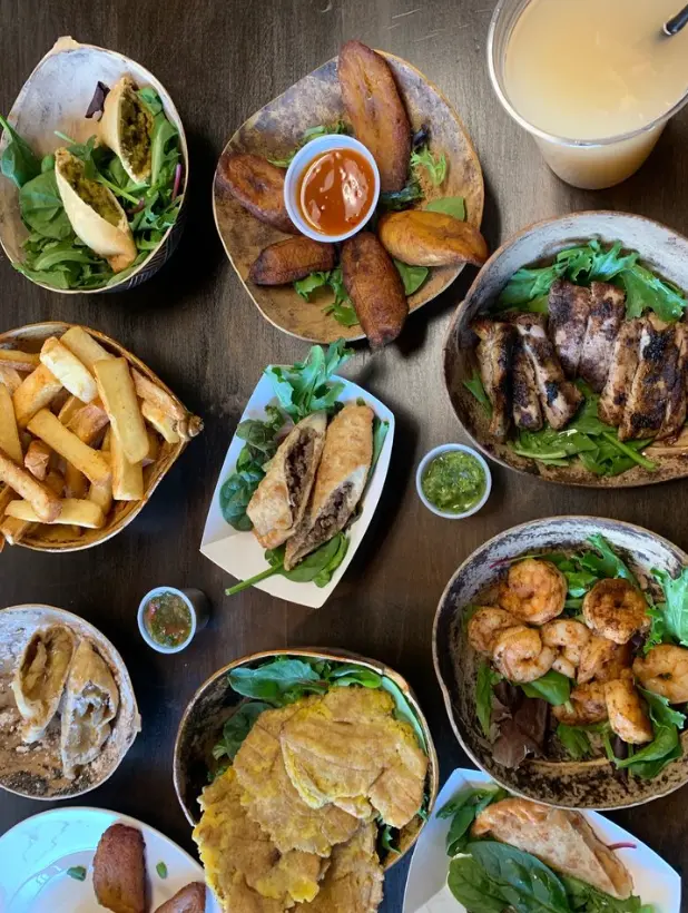Yucca fries, plantains, empanadas and Cajun shrimp
