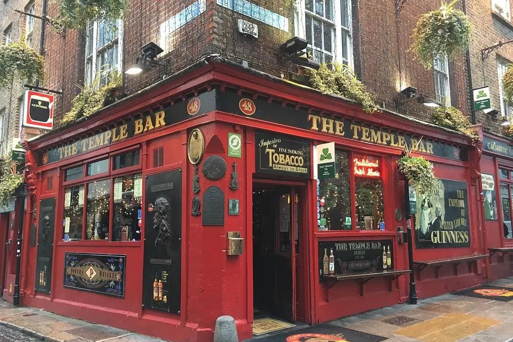 The red exterior of The Temple Bar pub in Dublin.