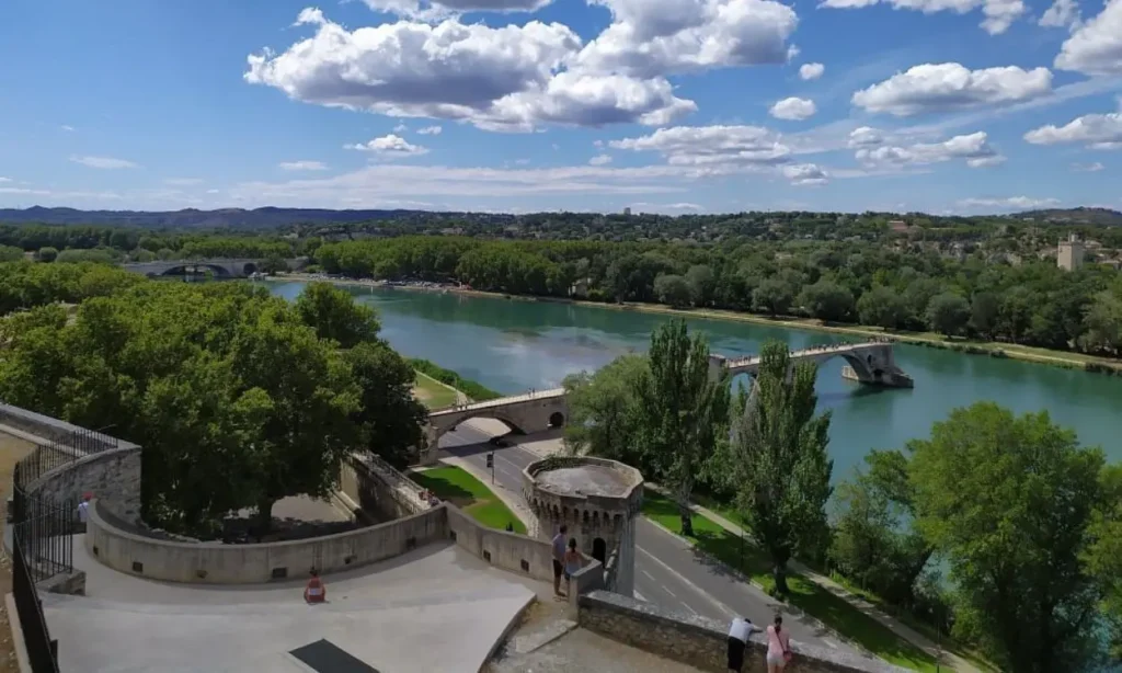 View from Rocher des Doms overlooking the Rhône River and Pont Saint-Bénézet.