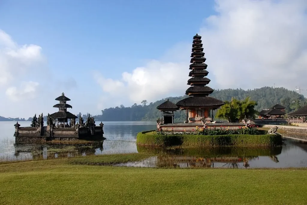 The Ulun Danu Beratan Temple on a lake in Bali.