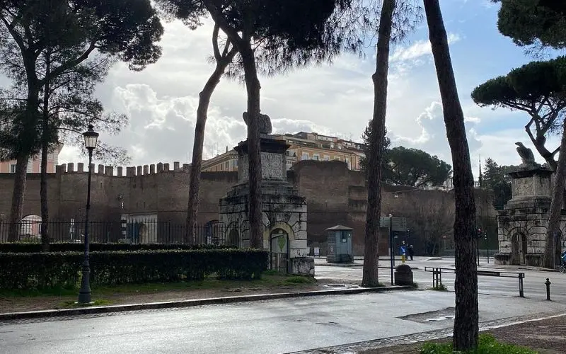 Villa Borghese in Rome, Italy with trees and old walls.