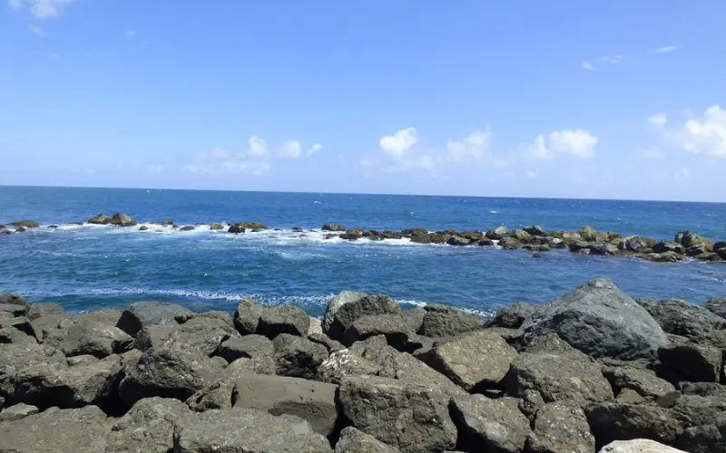 Rocky shoreline with ocean view at San Juan Bay Marina.