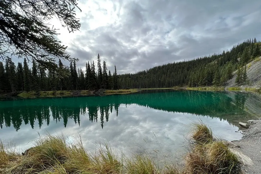 A calm turquoise lake surrounded by forest along Horseshoe Lake Trail.