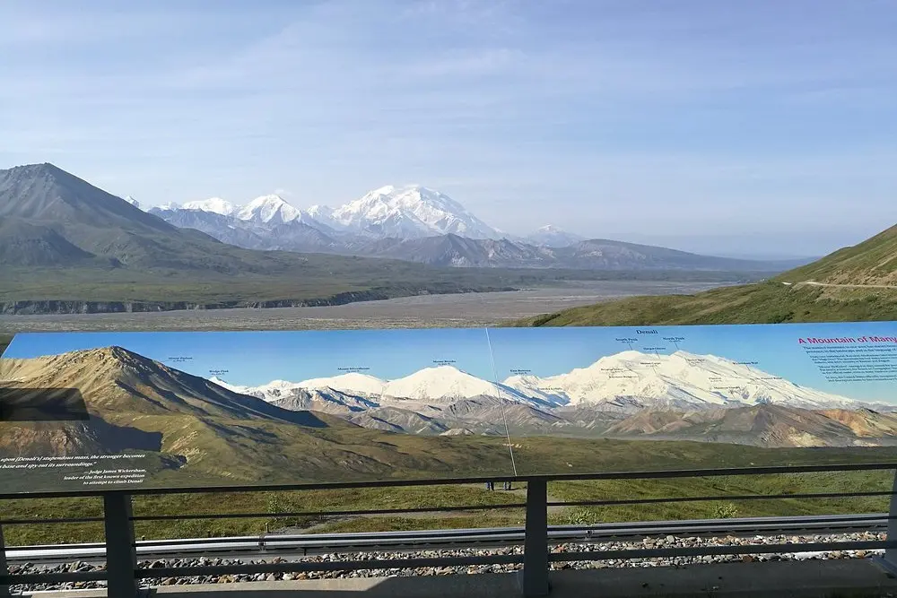 A viewing deck at Eielson Visitor Center with Mount Denali in the distance.