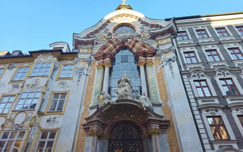 Ornate baroque facade of Asam Church in Munich.