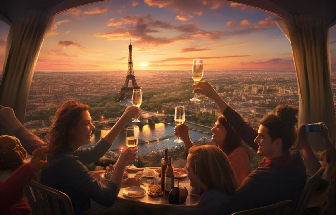 Group of friends toasting on a plane overlooking Paris