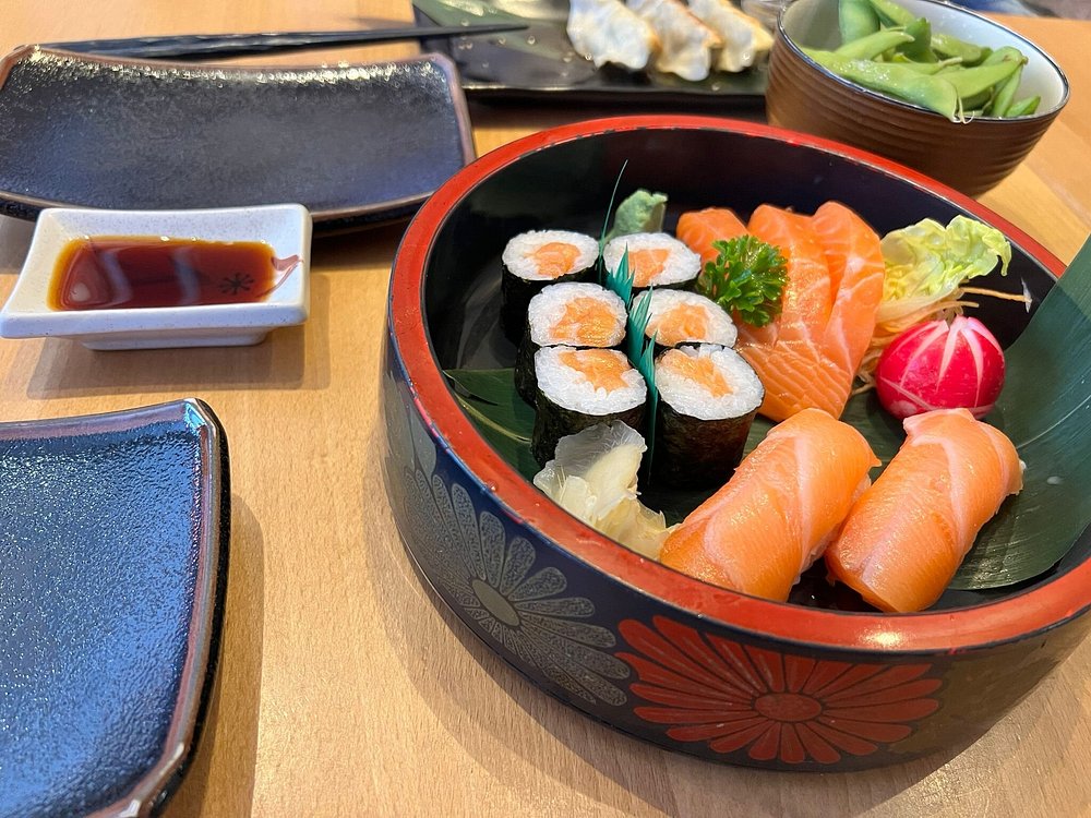 A colorful salmon sushi platter at Chizuru Tei, served with soy sauce, edamame, and gyoza.
