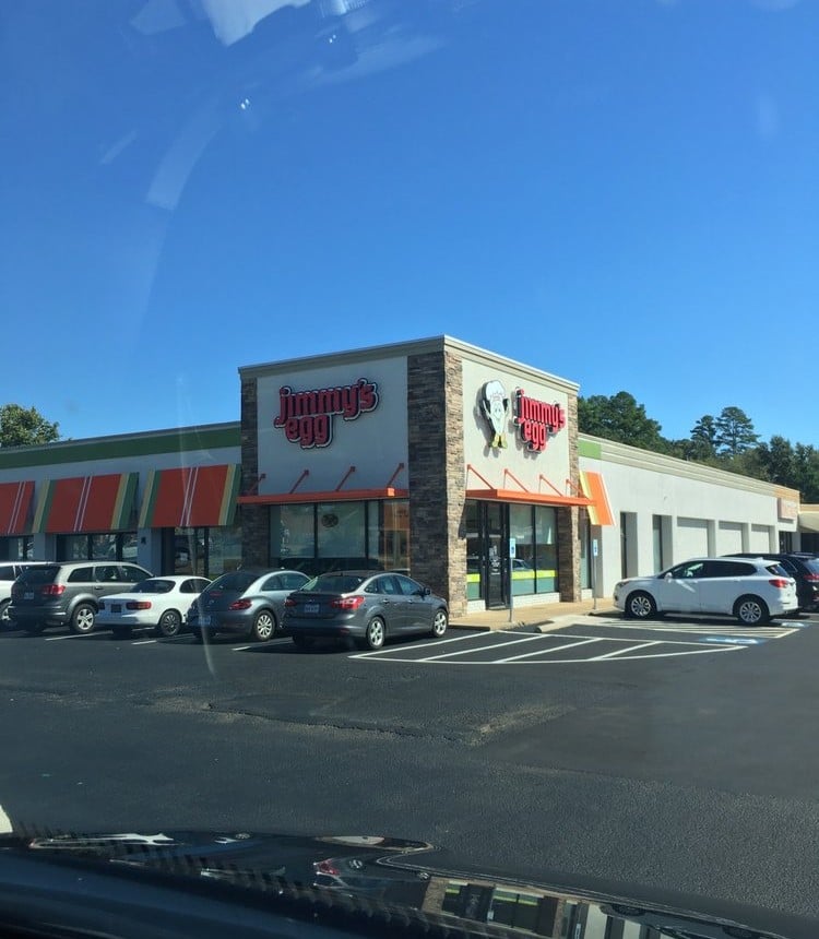 Exterior of Jimmy's Egg breakfast diner in a strip mall setting.
