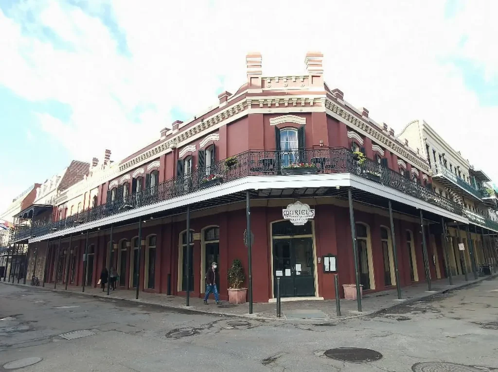 Historic red corner building in New Orleans