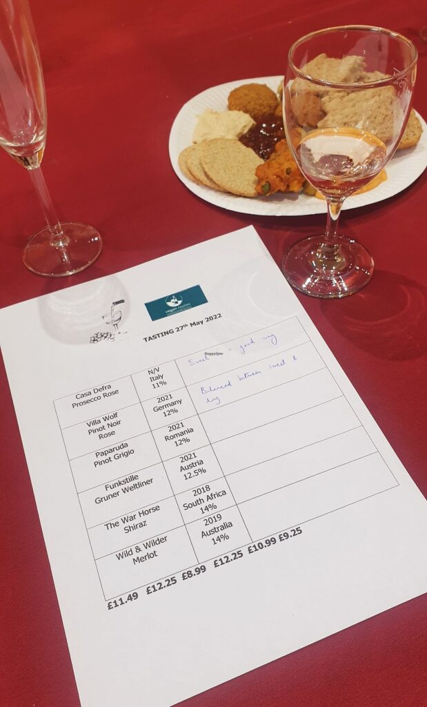 A wine tasting sheet and glass at Vegan Tipples, with a paper plate of snacks on a red tablecloth.