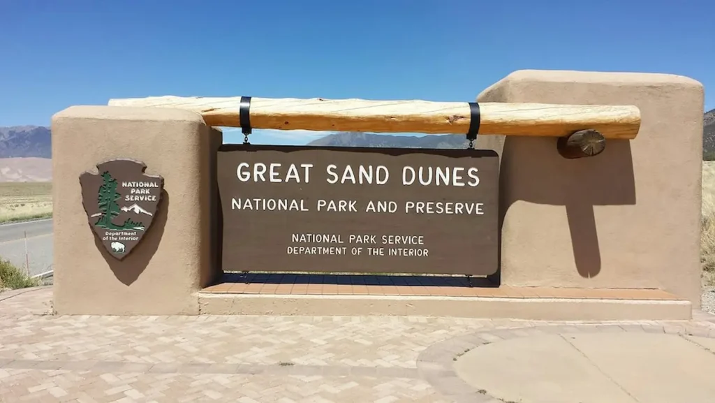 Entrance sign to Great Sand Dunes National Park and Preserve
