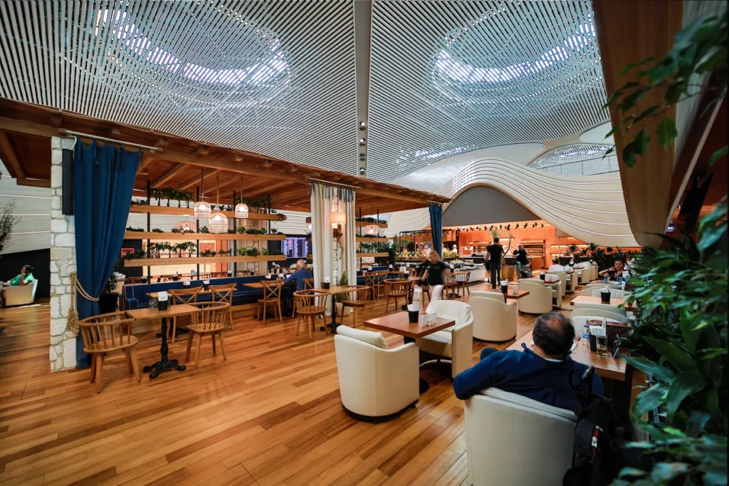 Turkish Airlines Business Class lounge with dining, elegant design, and comfort