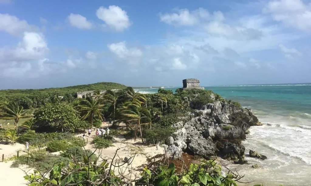 Ancient ruins overlooking the turquoise sea in Riviera Maya.
