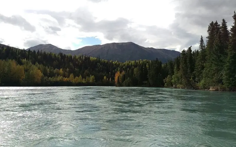 Wide river surrounded by forest and mountains in Soldotna.