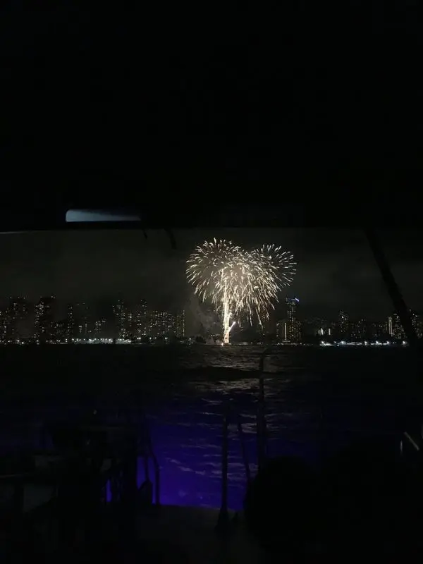 Fireworks lighting up the sky over Honolulu during a cruise.