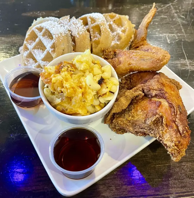 Chicken & Waffles with Baked Macaroni & Cheese