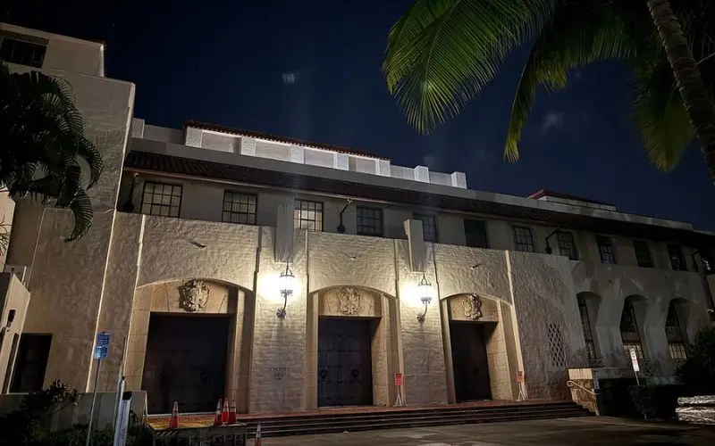 Historic building lit up during the Honolulu Ghost Walk tour.
