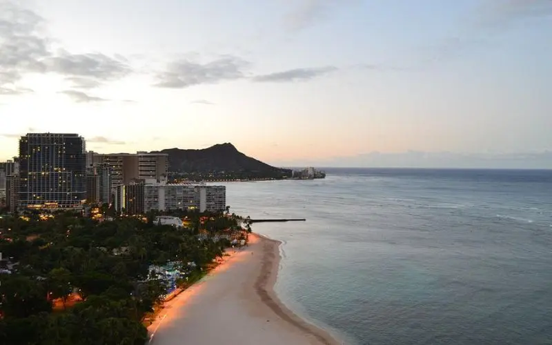 Aerial view of Hilton Hawaiian Village with Diamond Head in the distance.