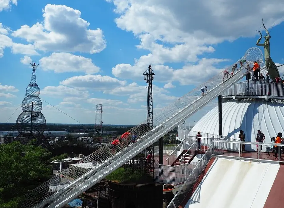 Rooftop climber and slides with the iconic praying mantis