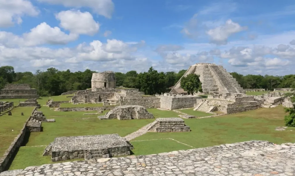 Ancient stone structures and pyramid ruins in Merida.