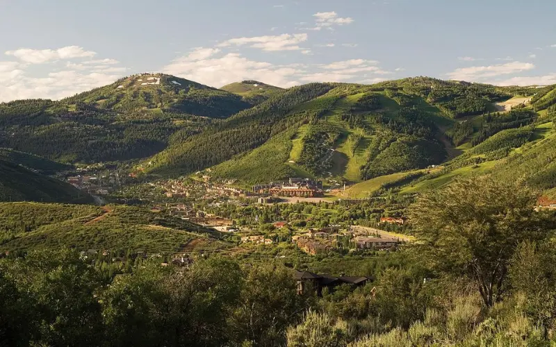 Park City Utah ski resort town in green summer landscape.