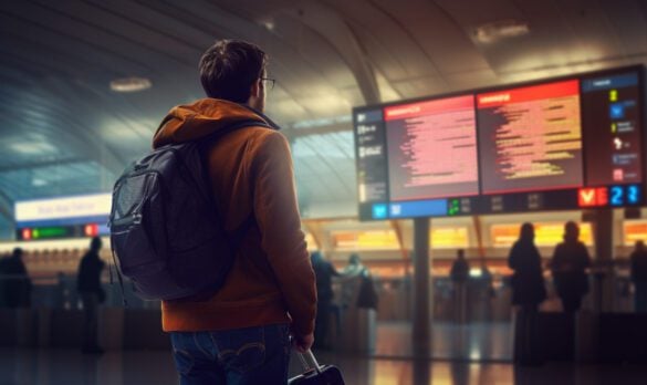 Man looking up at an airport departure screen