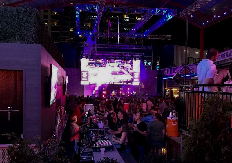 Power & Light District bustling with activity and vibrant lights.