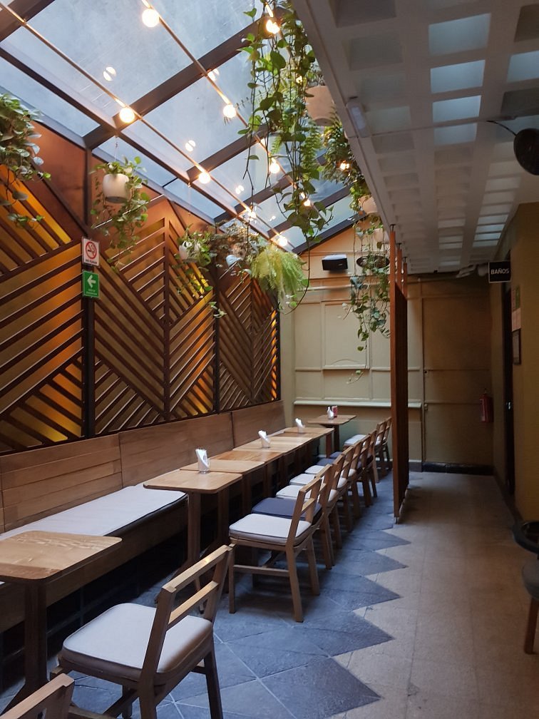 Narrow, plant-filled patio at Licorería Limantour with warm lighting.