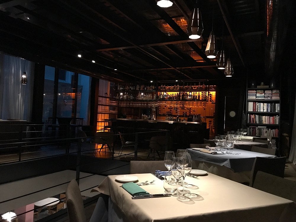 Sophisticated interior of Neolokal with dim lighting and a wine bar.