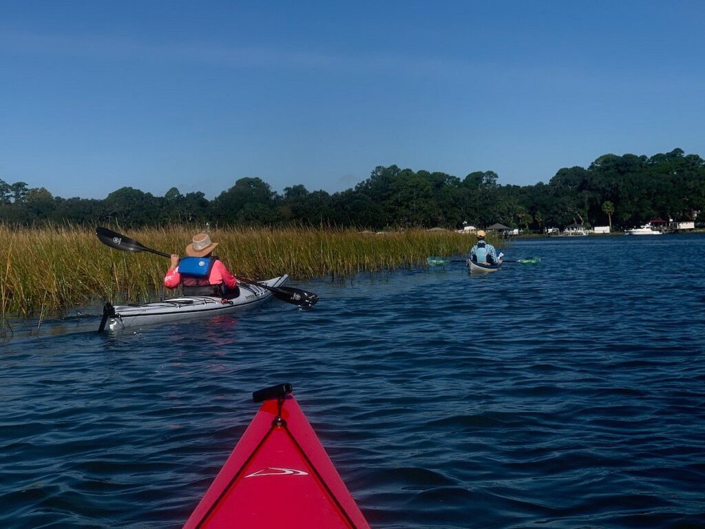 Kayakers paddle through calm water near marsh grass with Savannah Canoe and Kayak.