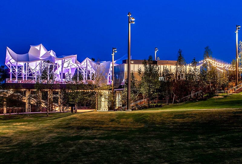The Gathering Place is the city's acclaimed riverside park, a nighttime haven blending nature and creativity.