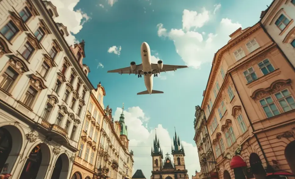 Airplane flying low on a city