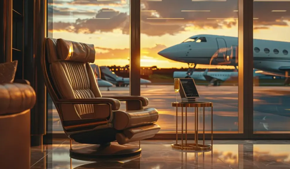 A lounge with an airplane outside