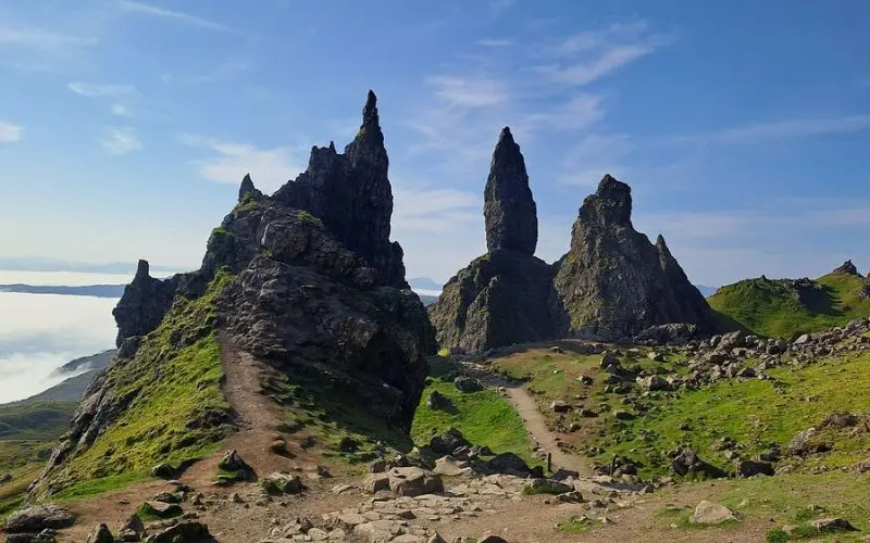 Jagged rock pinnacles of the Old Man of Storr in Scotland.
