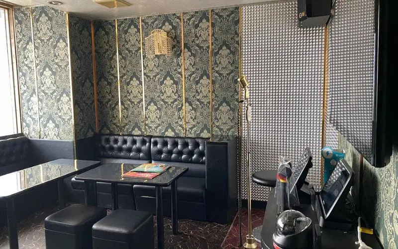 A private karaoke room at Karaoke Kan with patterned wallpaper and seating.