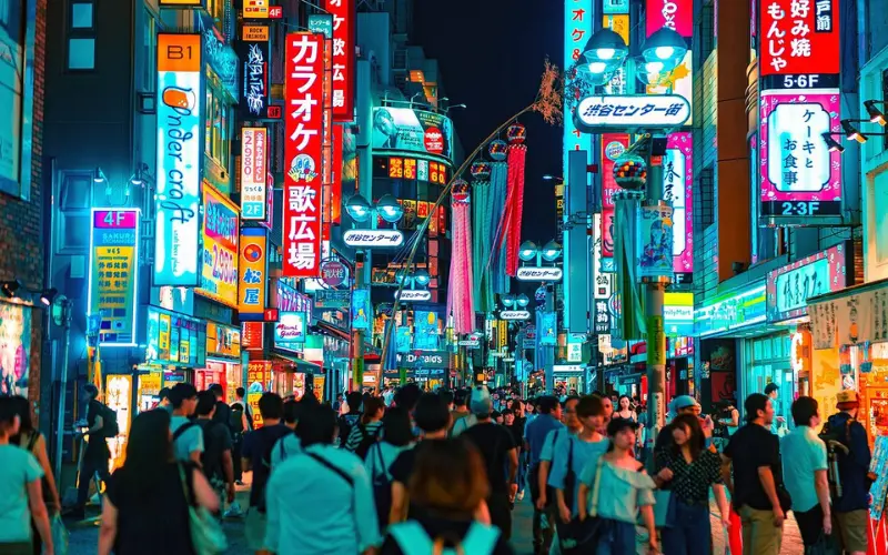 Crowds walking through vibrant, neon-lit streets in Tokyo at night.