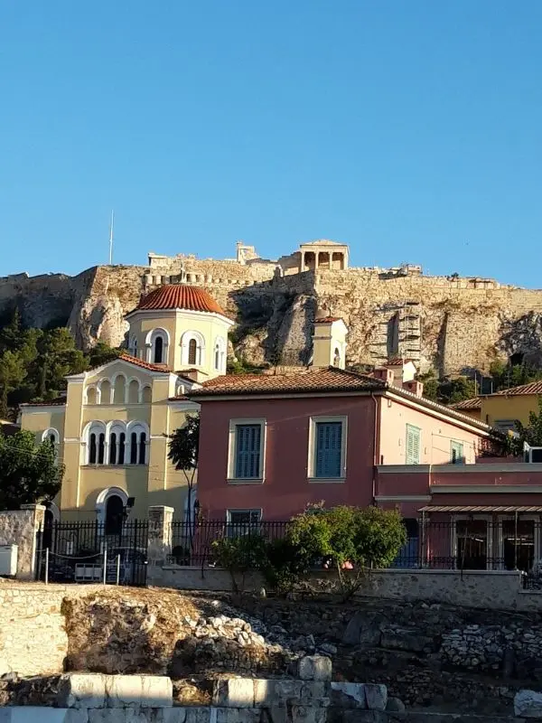 Colorful houses and church below the Acropolis in Plaka.