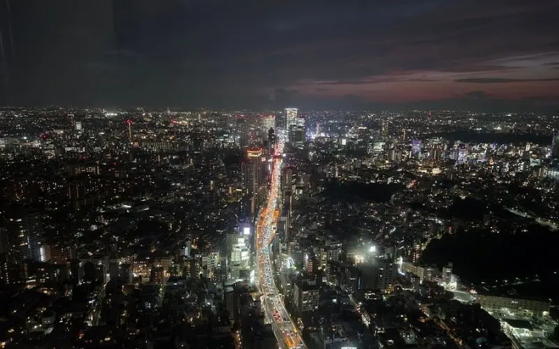 Night skyline of Tokyo City View with illuminated streets and buildings.