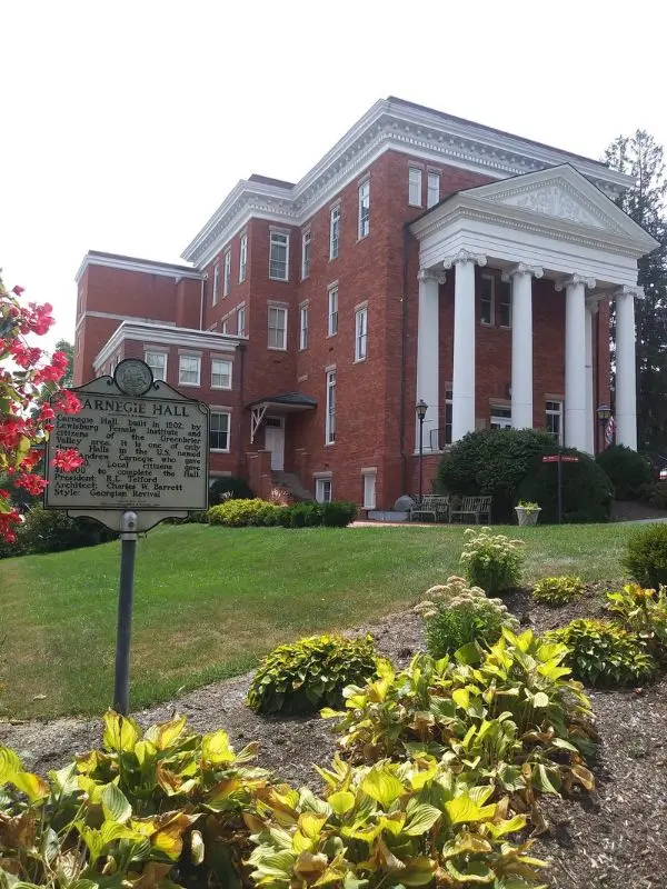 The red-brick Carnegie Hall building stands in Lewisburg.