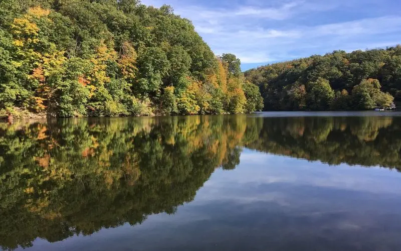 Autumn trees reflect on the calm water in Morgantown.