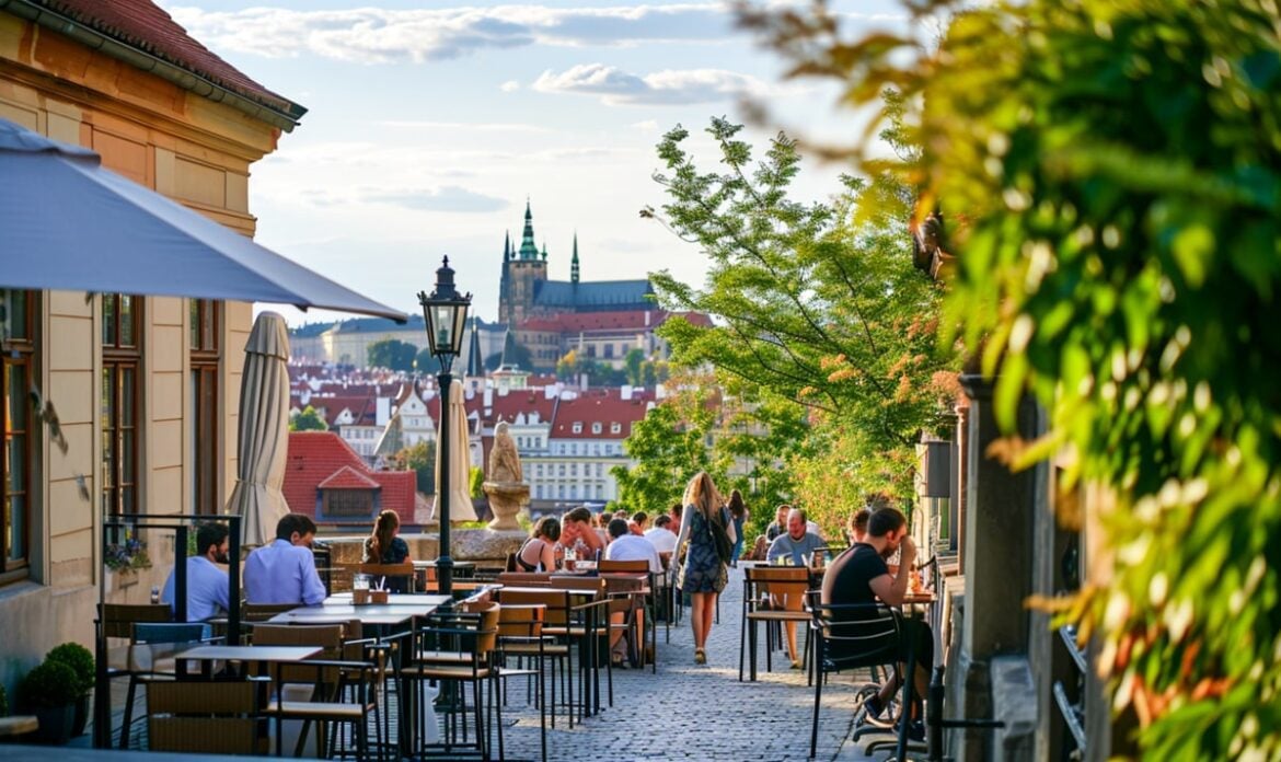 Outdoor cafe with digital nomads in Europe