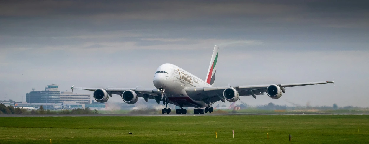 Emirates A380 landing, the flagship of their business class fleet