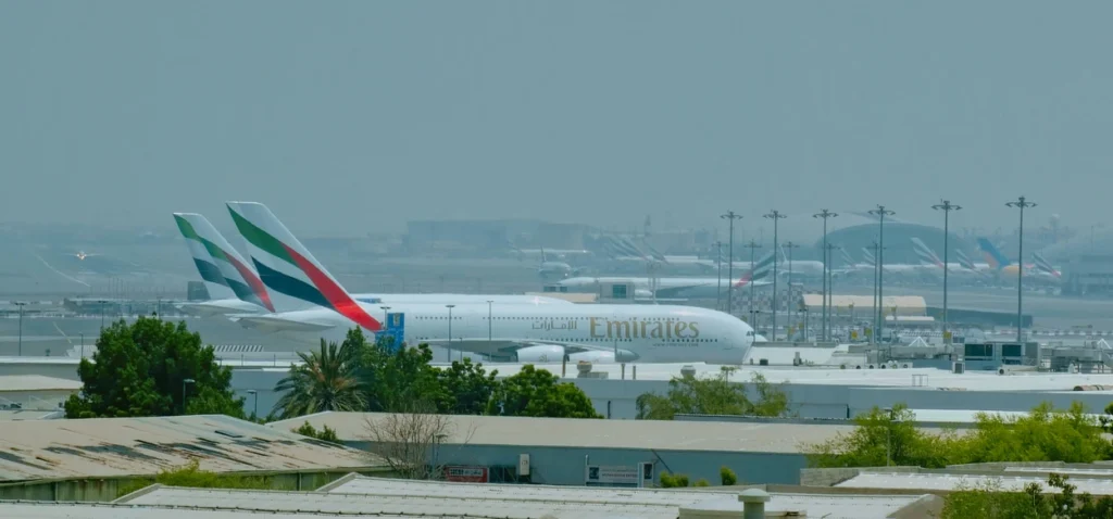Emirates aircraft at Dubai International, the airline's hub for business class connections