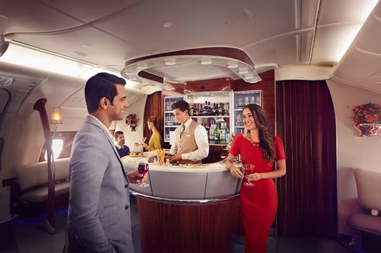 The onboard bar on the Emirates A380, exclusive to business and first class passengers
