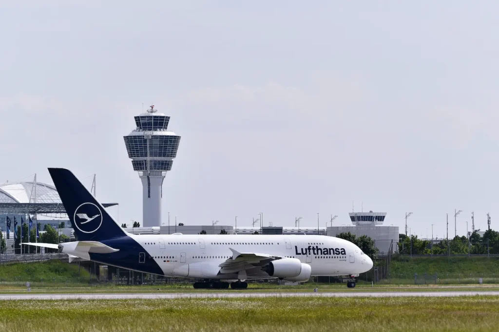 Lufthansa Airbus A380 taxis on the runway