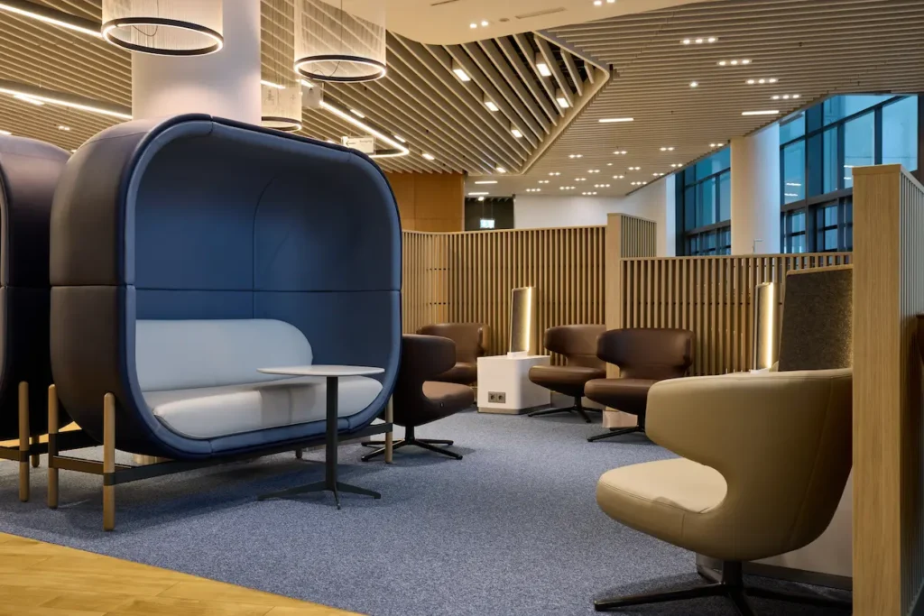 Lufthansa business lounges offer private workspaces and secluded seating pods